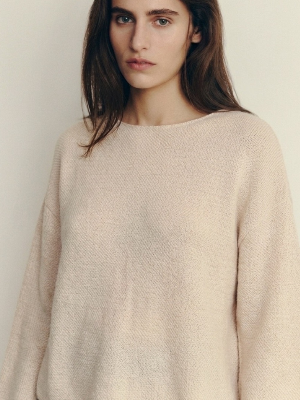 Zara Women's Crewneck Textured Fuzzy Sweater Beige Cream Large